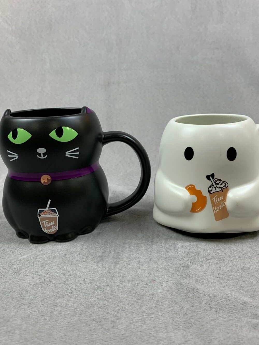Lot of 2 Tim Hortons Halloween Mugs 24/25 White Ghost Black Cat Colour Changing